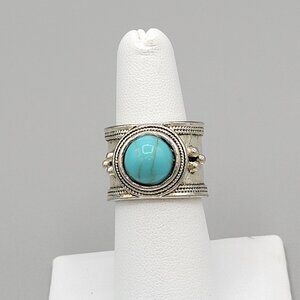 Light Blue Dyed Howlite Round Stone Ring Silver Tone Metal Studded Size 6